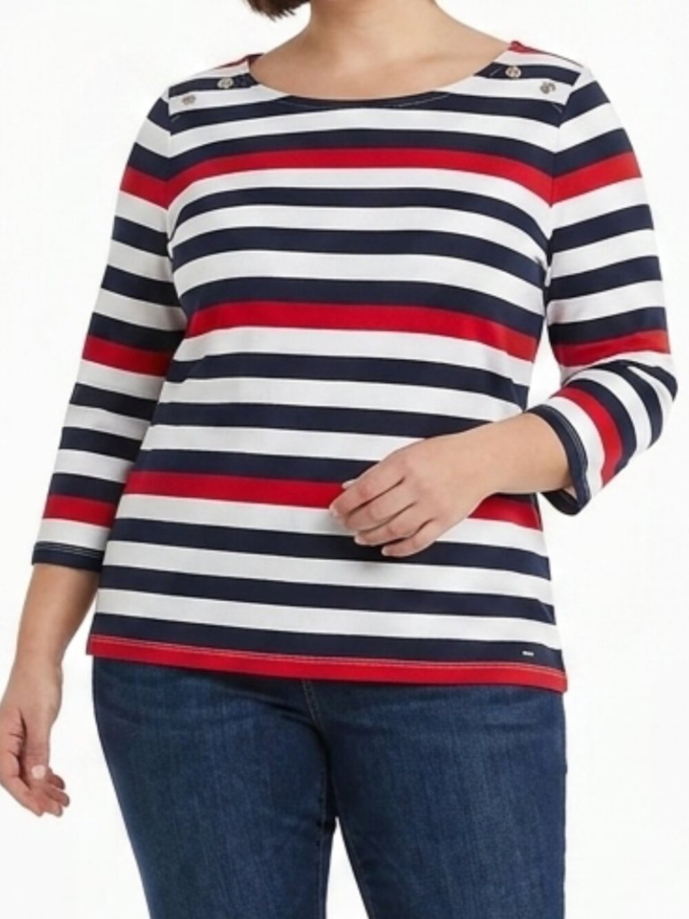Tommy Hilfiger Striped Cotton 3/4 Sleeve Bateau Neck Tee- Sz. Lrg